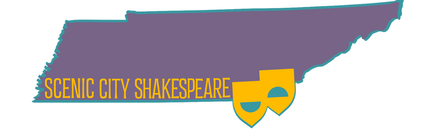The shape of the State of Tennessee in purple, outlined in teal. Over Hamilton County and Chattanooga are placed two yellow masks pressed together. The left with a smile, right with a frown. Along the bottom of the state are the words Scenic City Shakespeare.