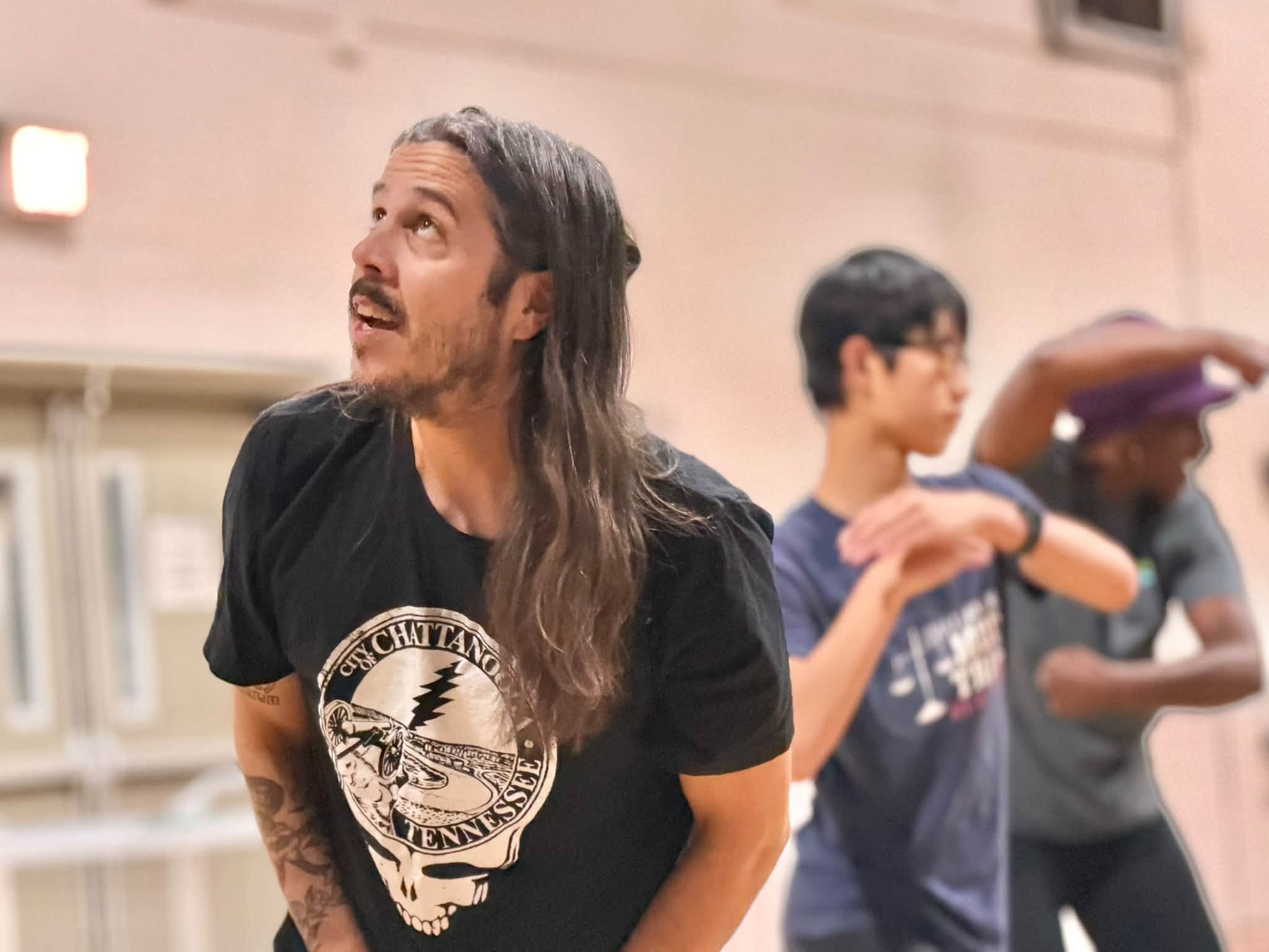 Company Members Kashun Parks (Prospero) and Jeni Benavides (Ariel) rehearse a scene from the upcoming production of "THE TEMPEST".